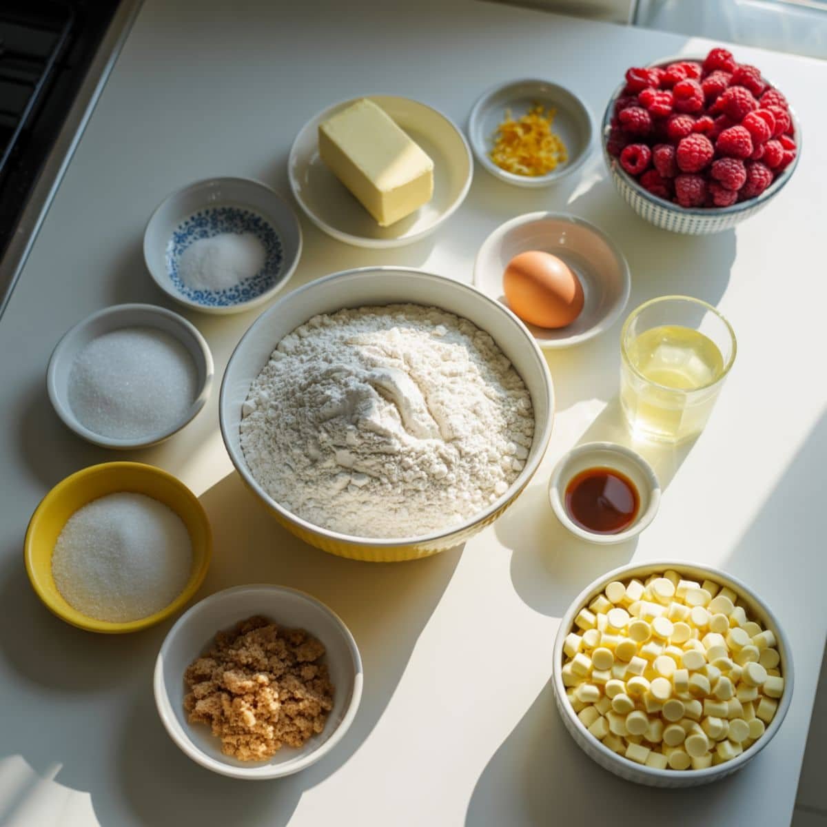 Flat lay of lemon raspberry cookie ingredients on a white counter	