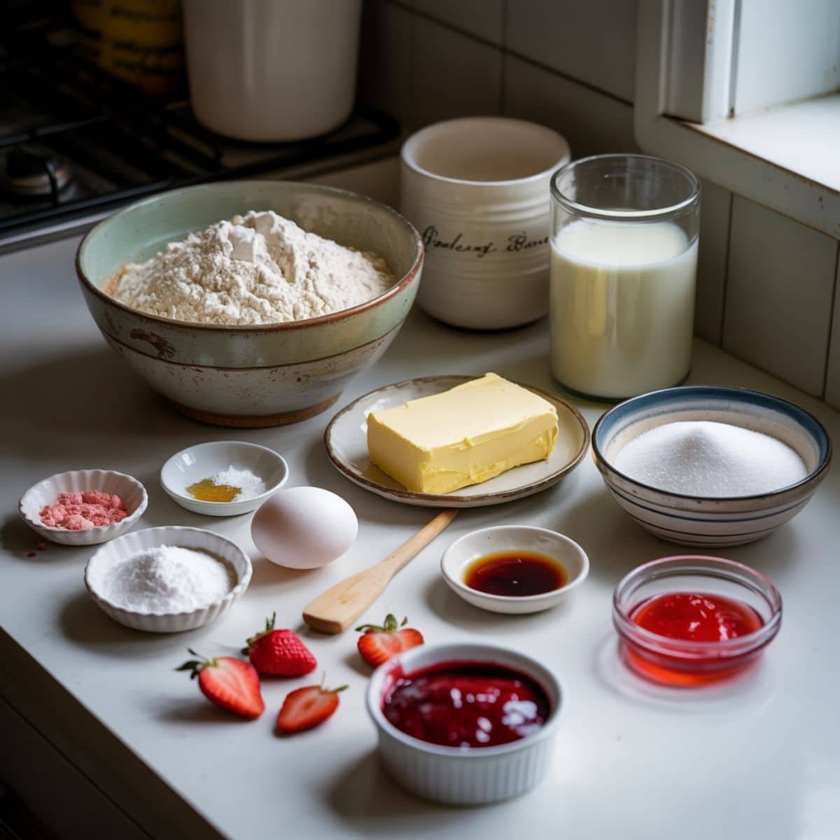 All ingredients laid out for strawberry sugar cookies on a white counter	
