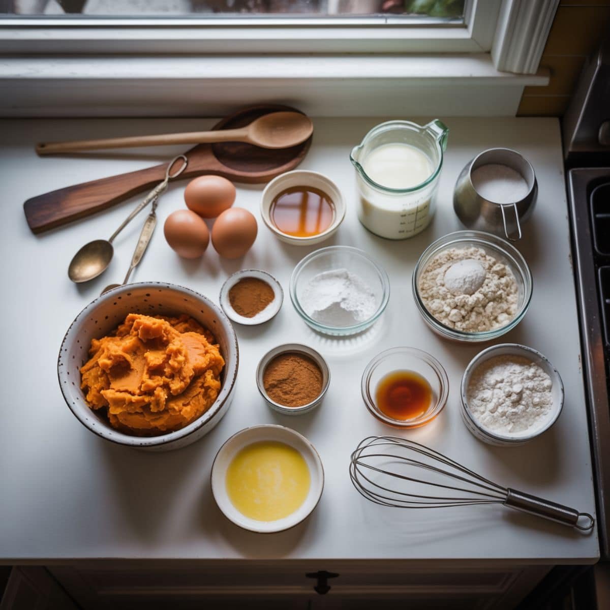Sweet potato waffle ingredients laid out on kitchen counter	