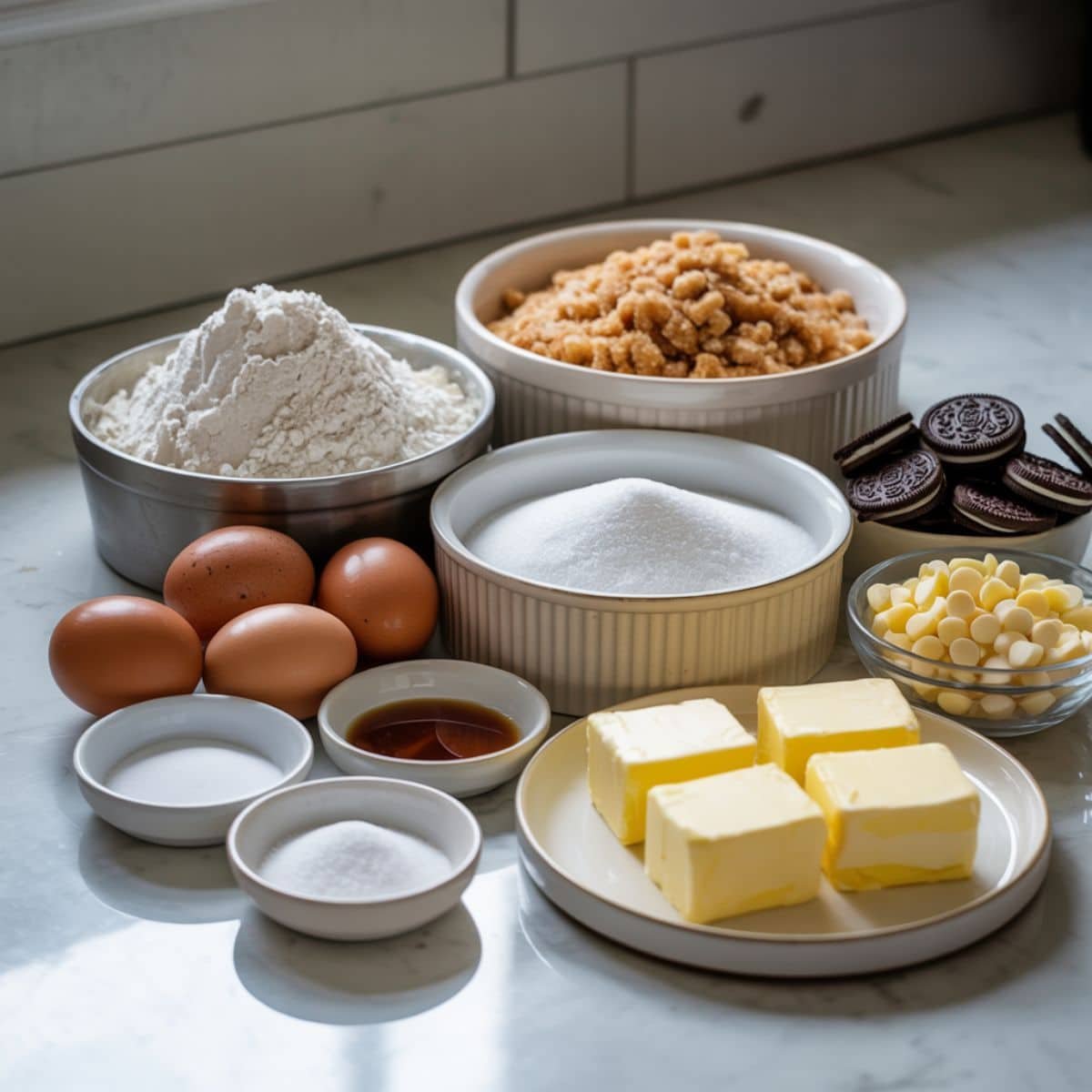 Cookies and cream cookie ingredients laid out on a white kitchen counter	