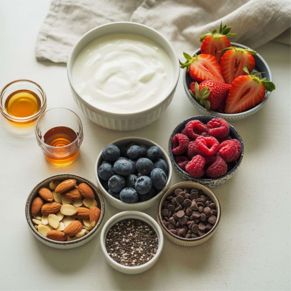 All ingredients for frozen yogurt bark in small bowls on a white kitchen counter	
