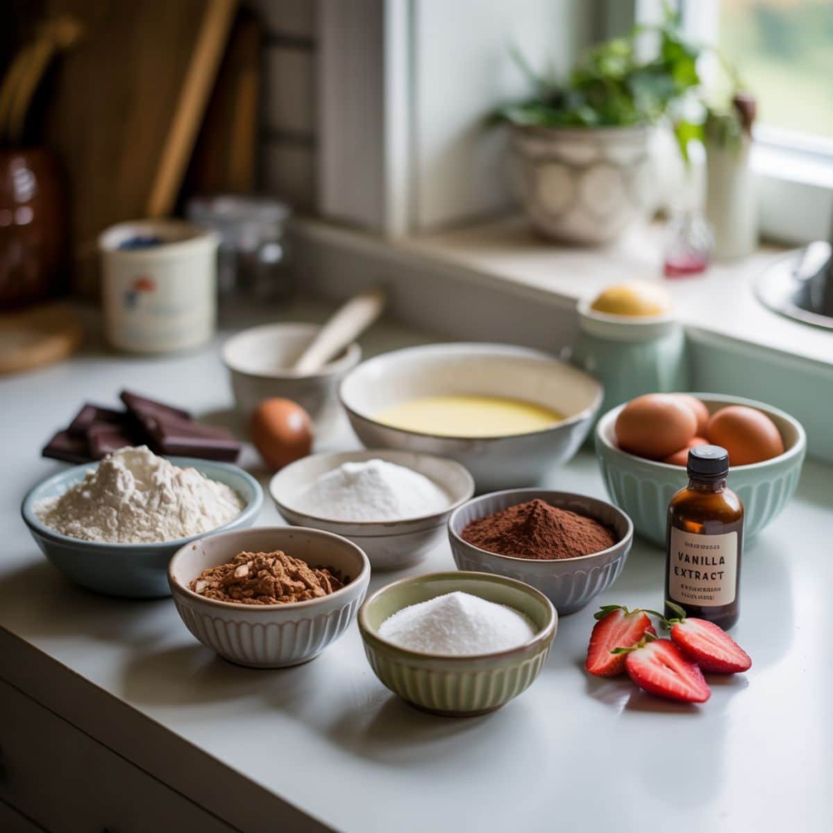 All ingredients laid out for making chocolate strawberry cake on a white counter
