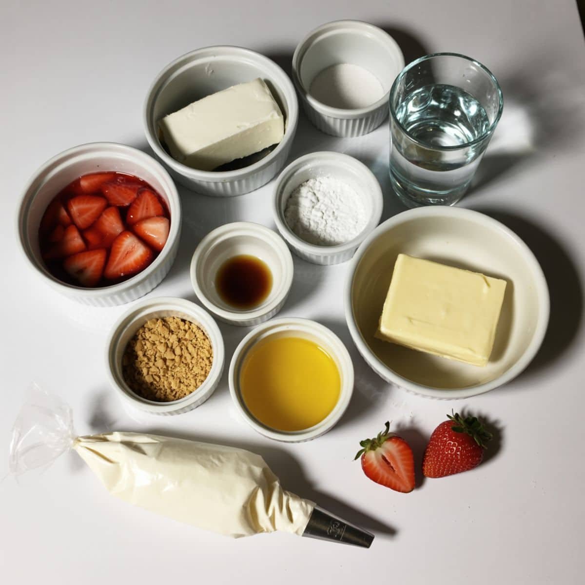 Organized overhead shot of every ingredient needed for strawberry-cheesecake dump cake.	