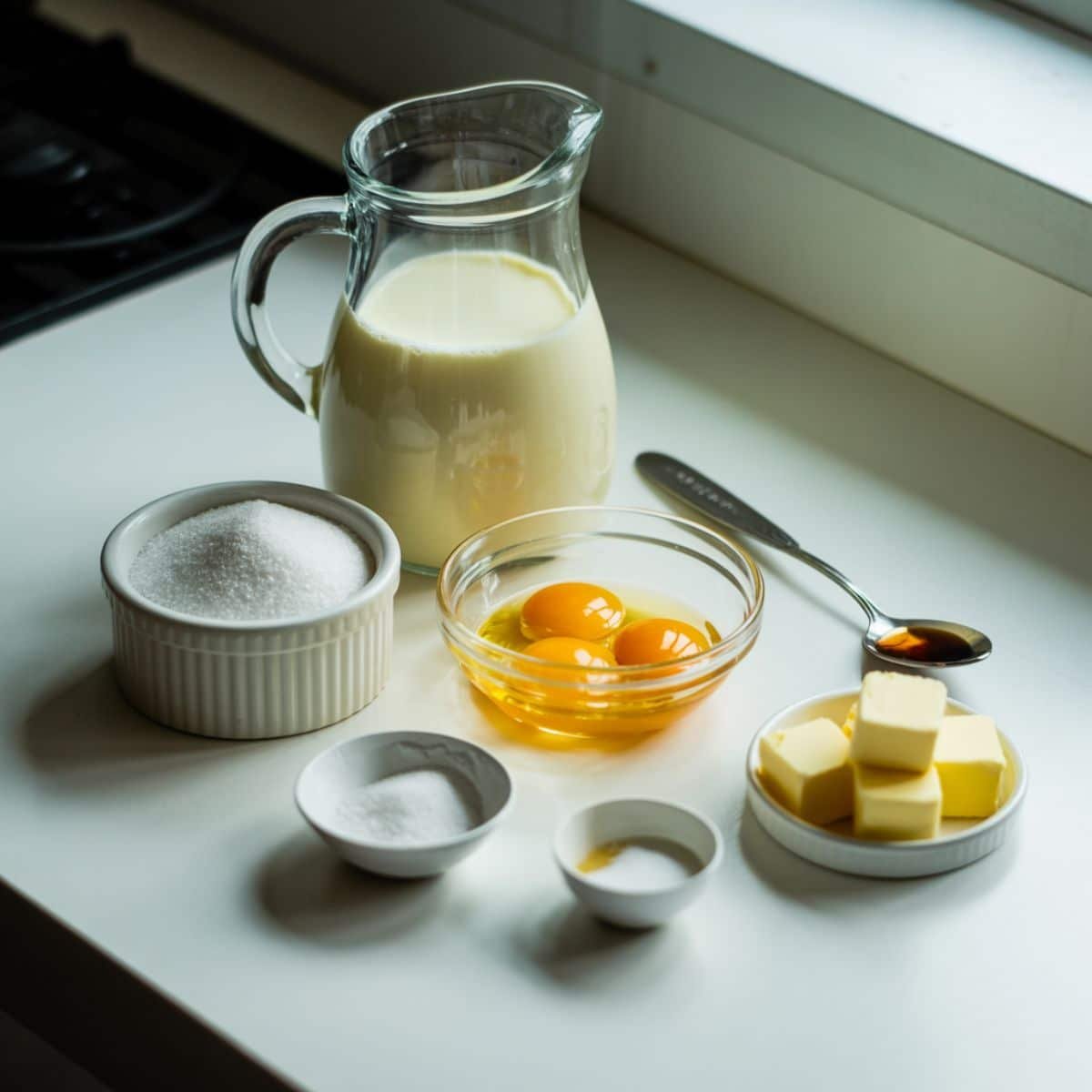 Flatlay of ingredients for making pastry cream on a white counter	