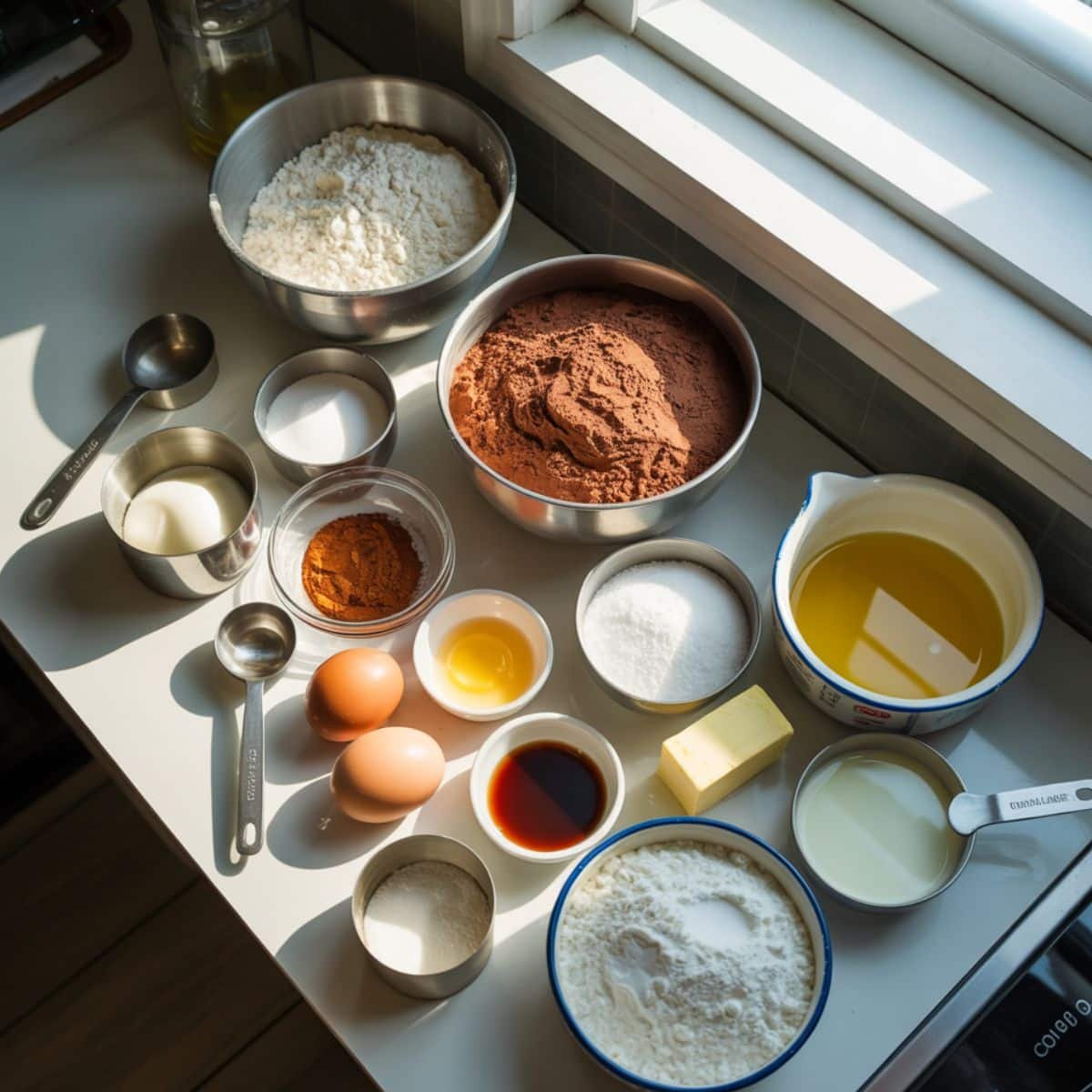 Ingredients for chocolate sheet cake with buttermilk laid out in white bowls	