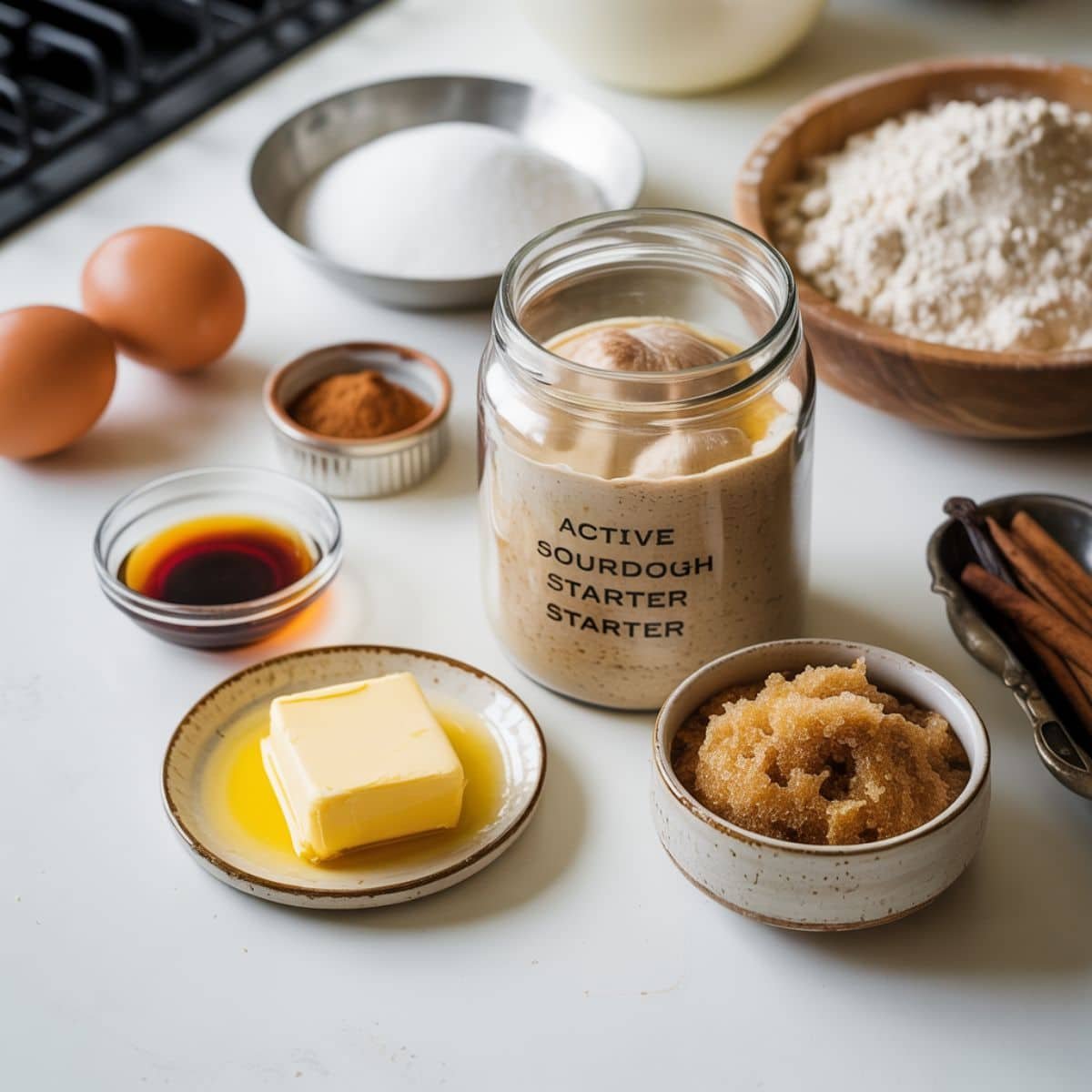 All ingredients for cinnamon swirl sourdough bread laid out on a white kitchen counter.	