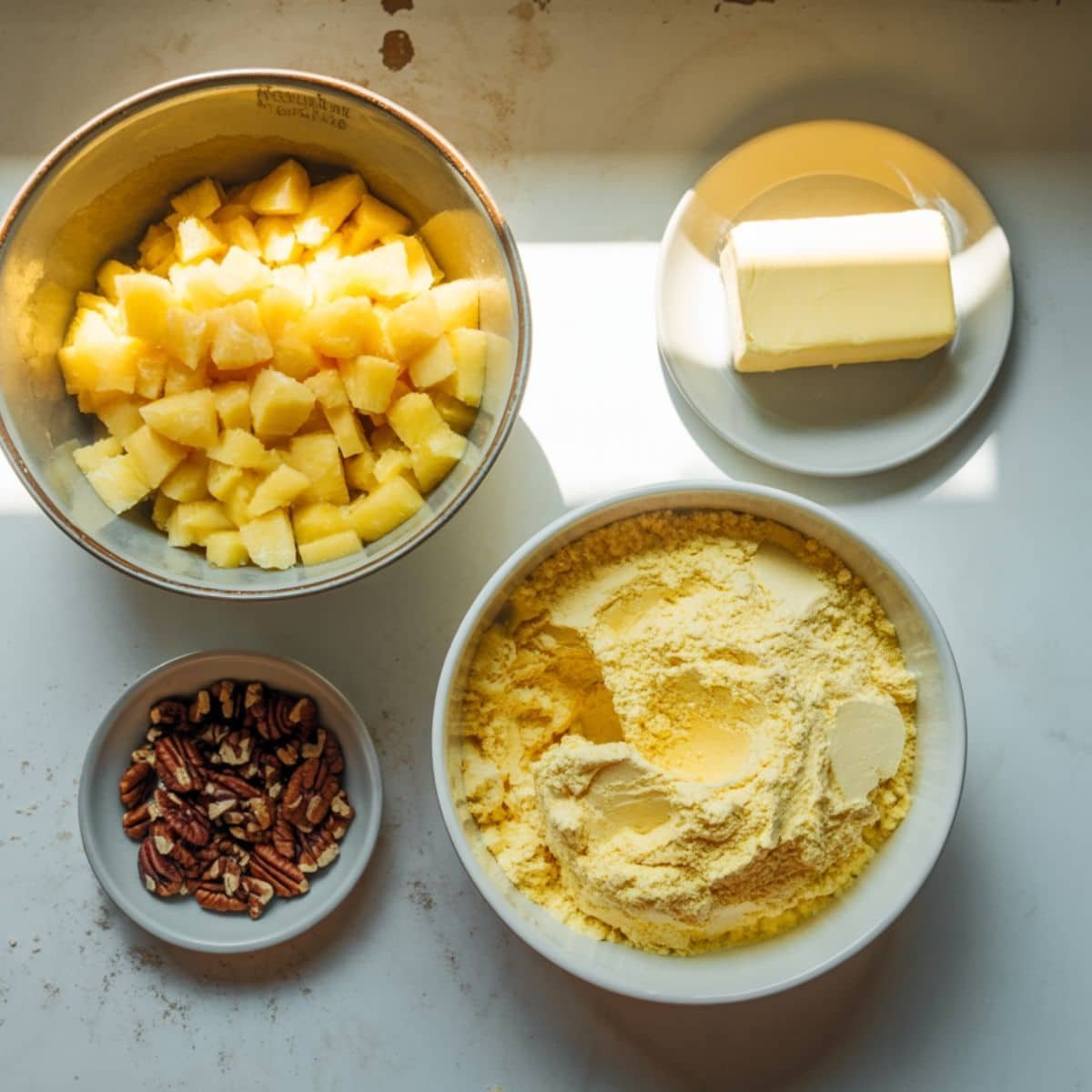 Ingredients for pineapple dump cake on a white counter: canned pineapple, cake mix, butter, and pecans