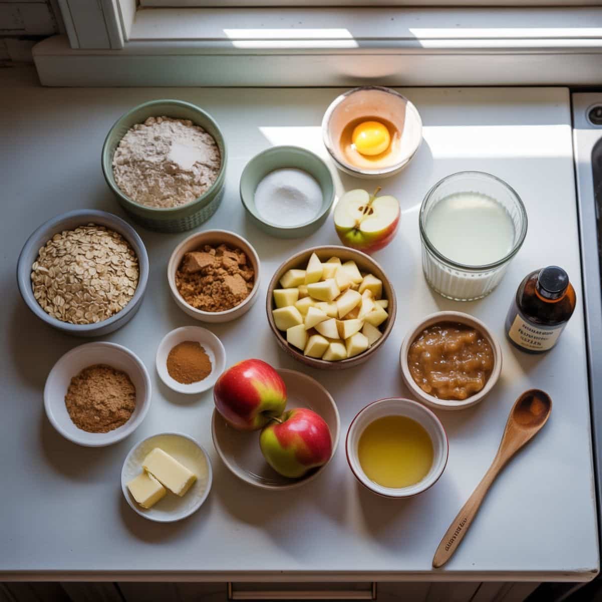 Top-down view of ingredients for apple cinnamon oatmeal muffins in small bowls on a white counter	