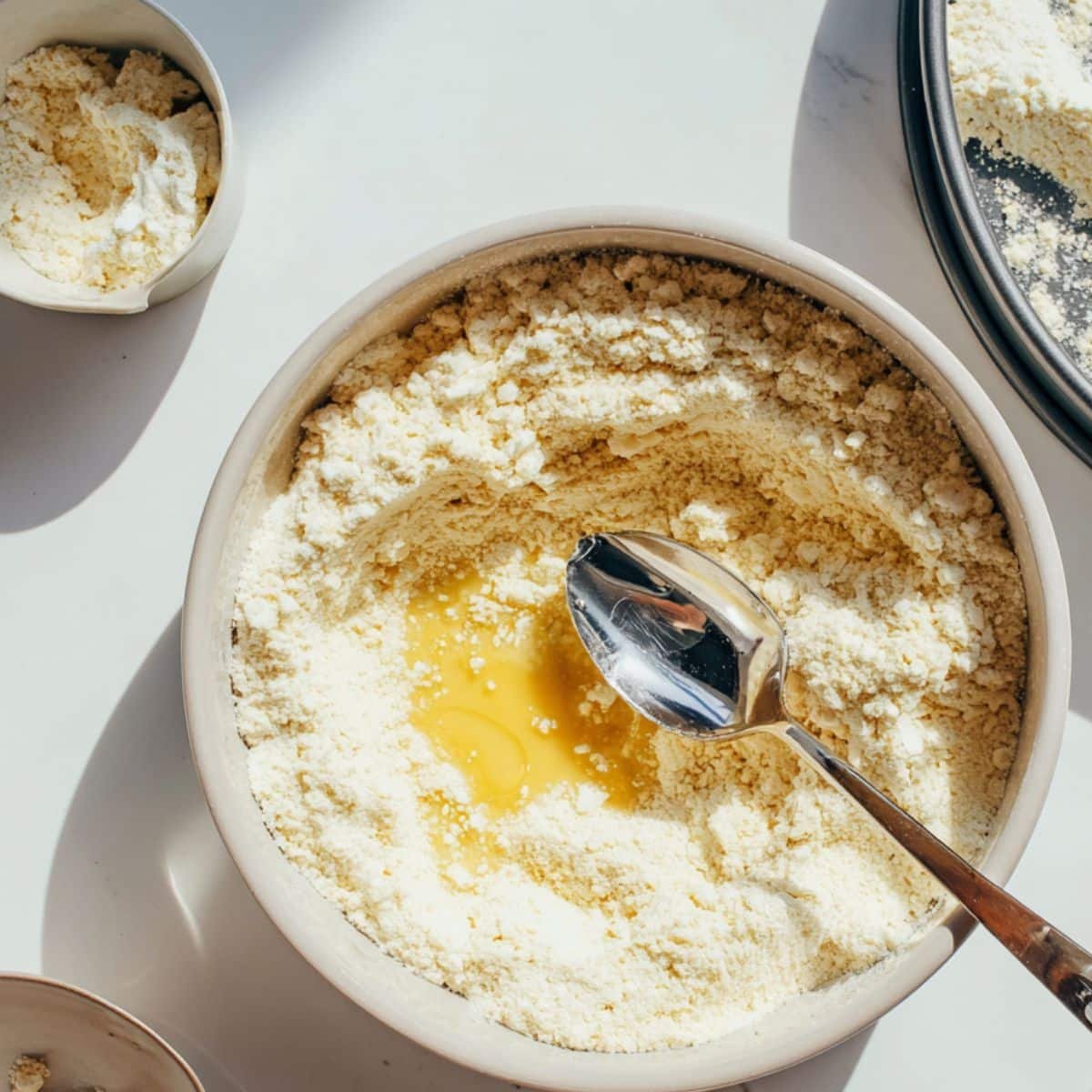 Mixing almond flour crust mixture in a bowl and pressing into a springform pan	