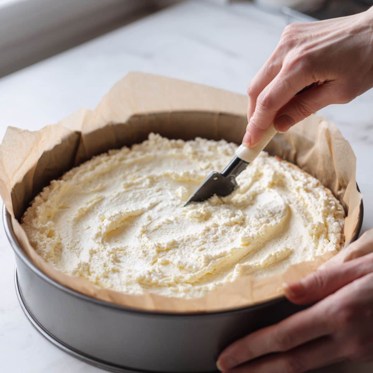 Spreading cheesecake filling into crust in pan with offset spatula	