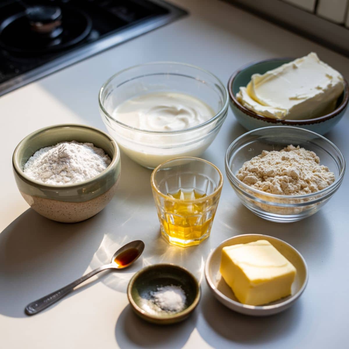 All ingredients for keto no bake cheesecake arranged on a white counter	