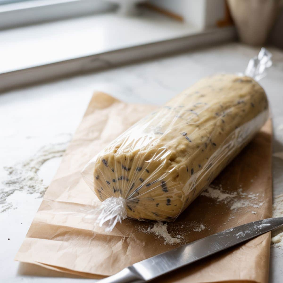 Dough log wrapped in plastic on counter, ready to chill	