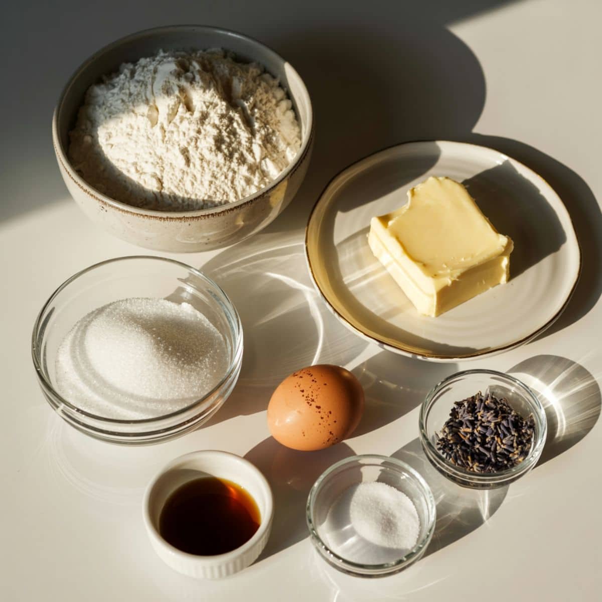 Top-down view of ingredients for lavender cookies arranged casually on a white counter	