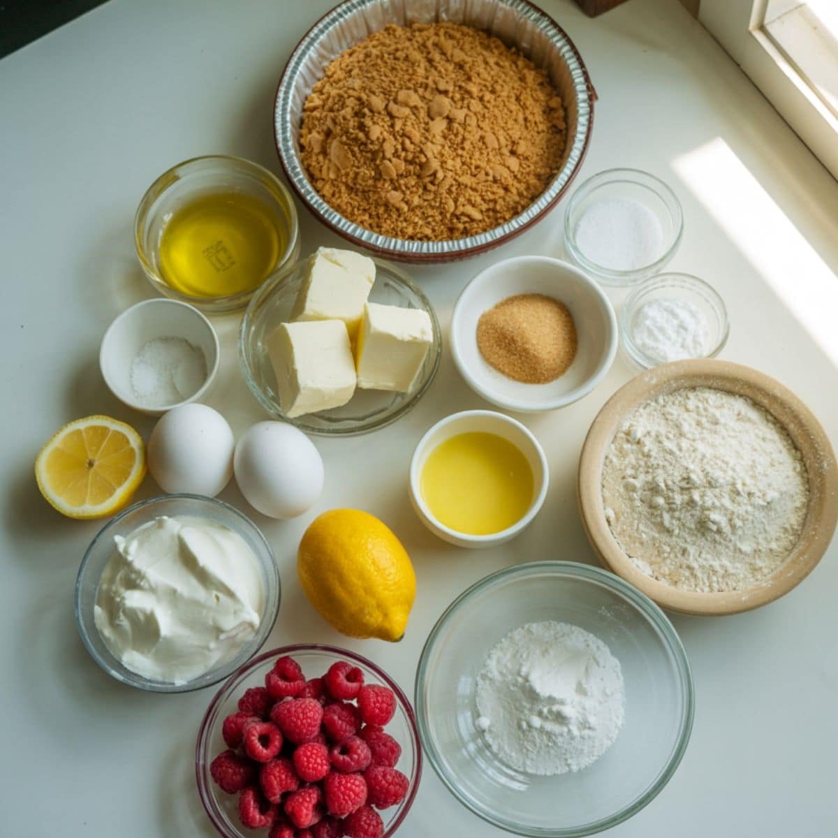 All ingredients laid out for lemon raspberry cheesecake on a white counter.	