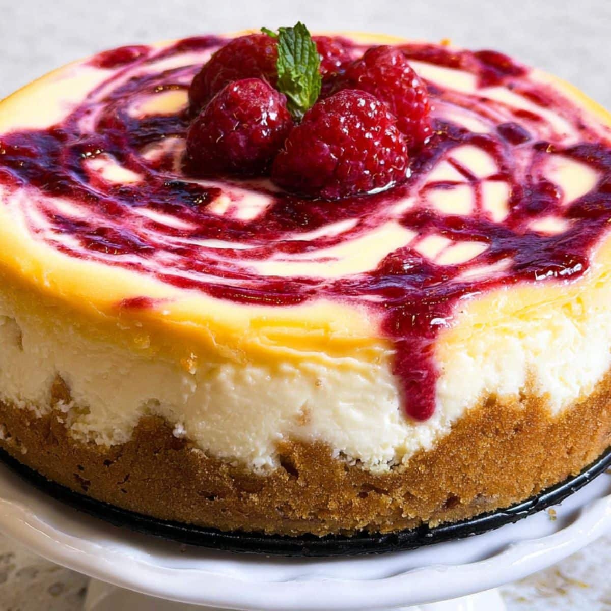 Top view of a homemade lemon raspberry cheesecake with a rustic swirl.	