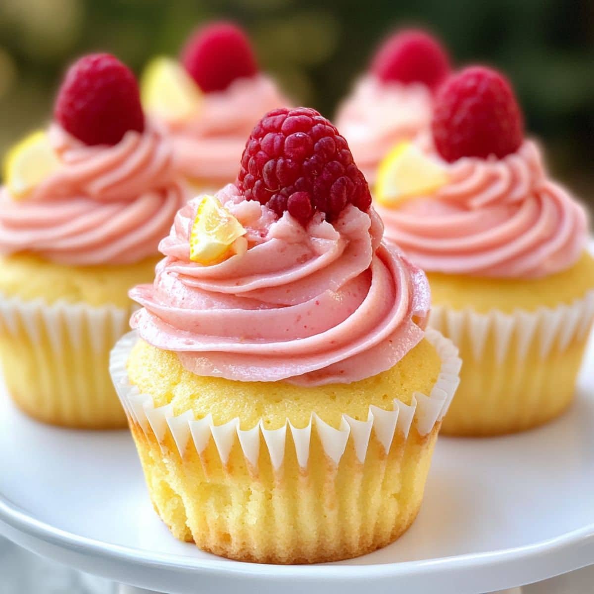 Homemade lemon raspberry cupcakes topped with raspberry frosting and fresh raspberries	