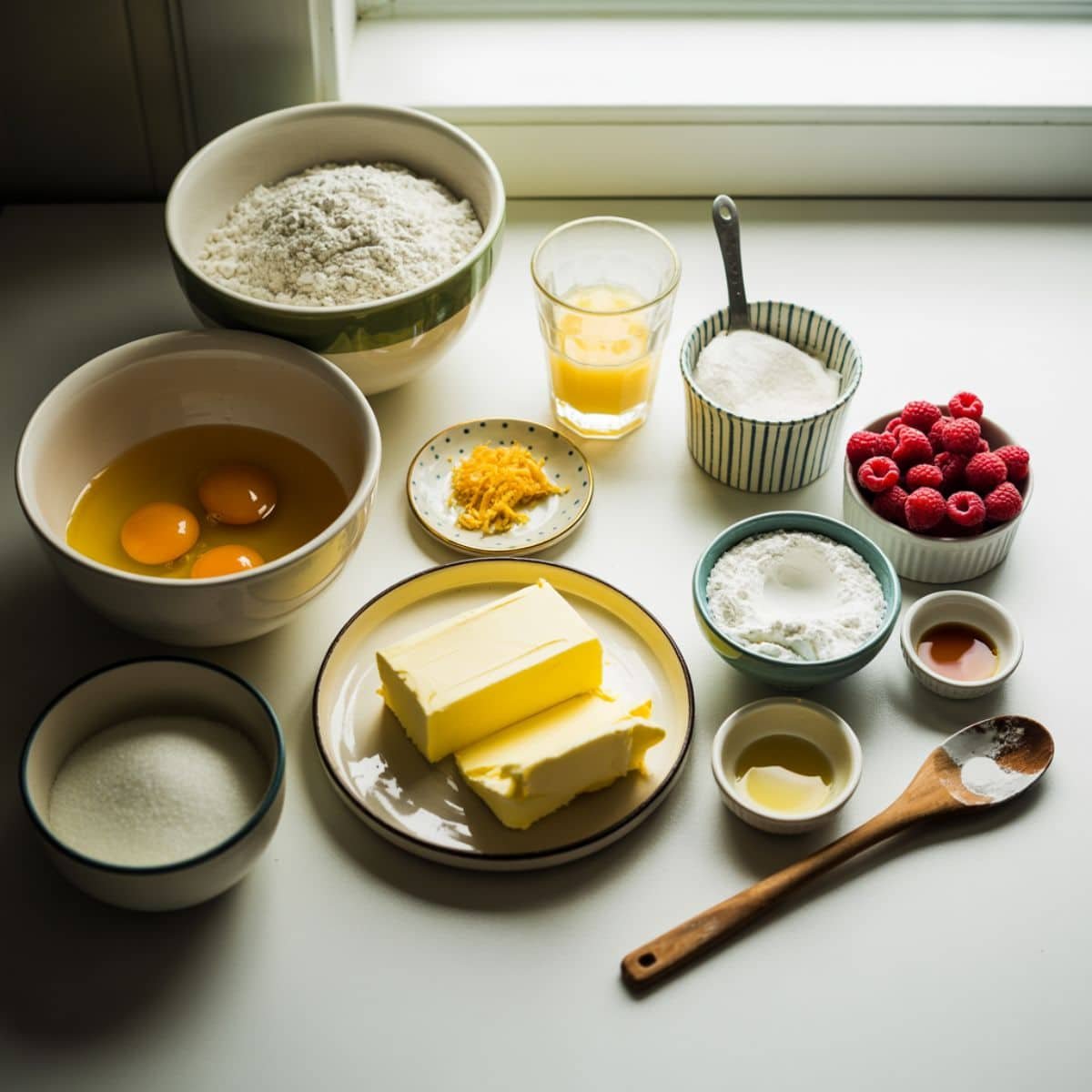 Flat lay of ingredients for lemon raspberry cupcakes on white kitchen counter	