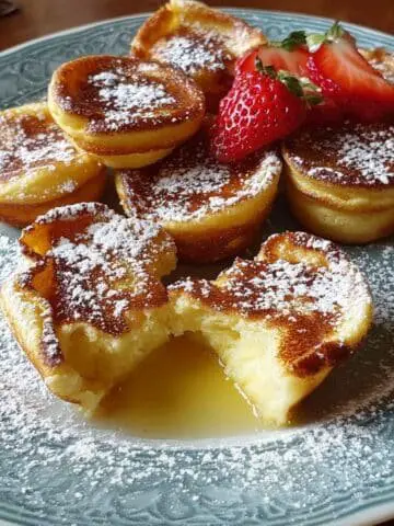 Mini German Pancakes with fresh strawberries and powdered sugar on a white plate