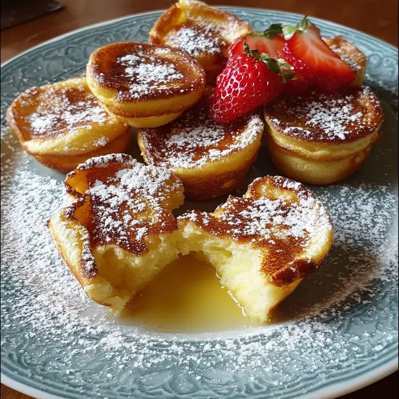 Mini German Pancakes with fresh strawberries and powdered sugar on a white plate