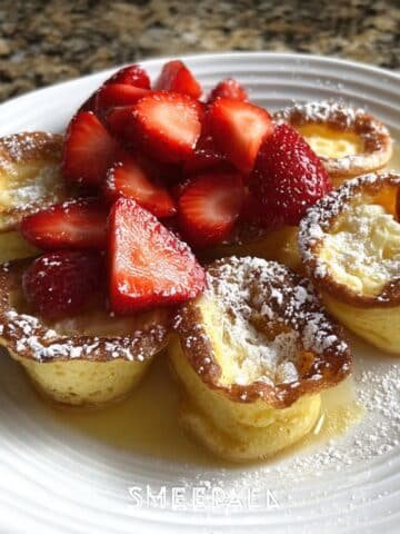 Mini German Pancakes with fresh strawberries and powdered sugar on a white plate