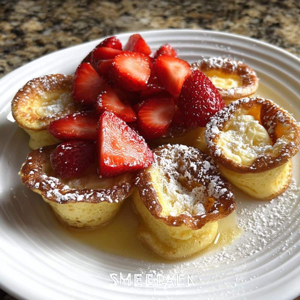 Mini German Pancakes with fresh strawberries and powdered sugar on a white plate	