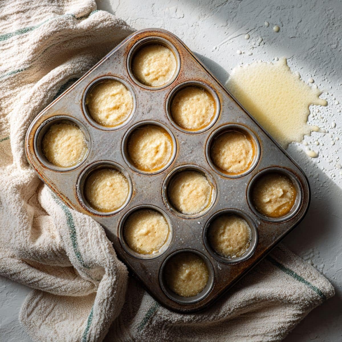 Batter poured into muffin tin, about to go into oven	