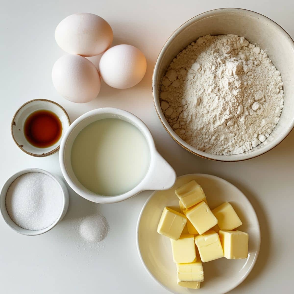 Ingredients laid out for making mini German pancakes on a white countertop	