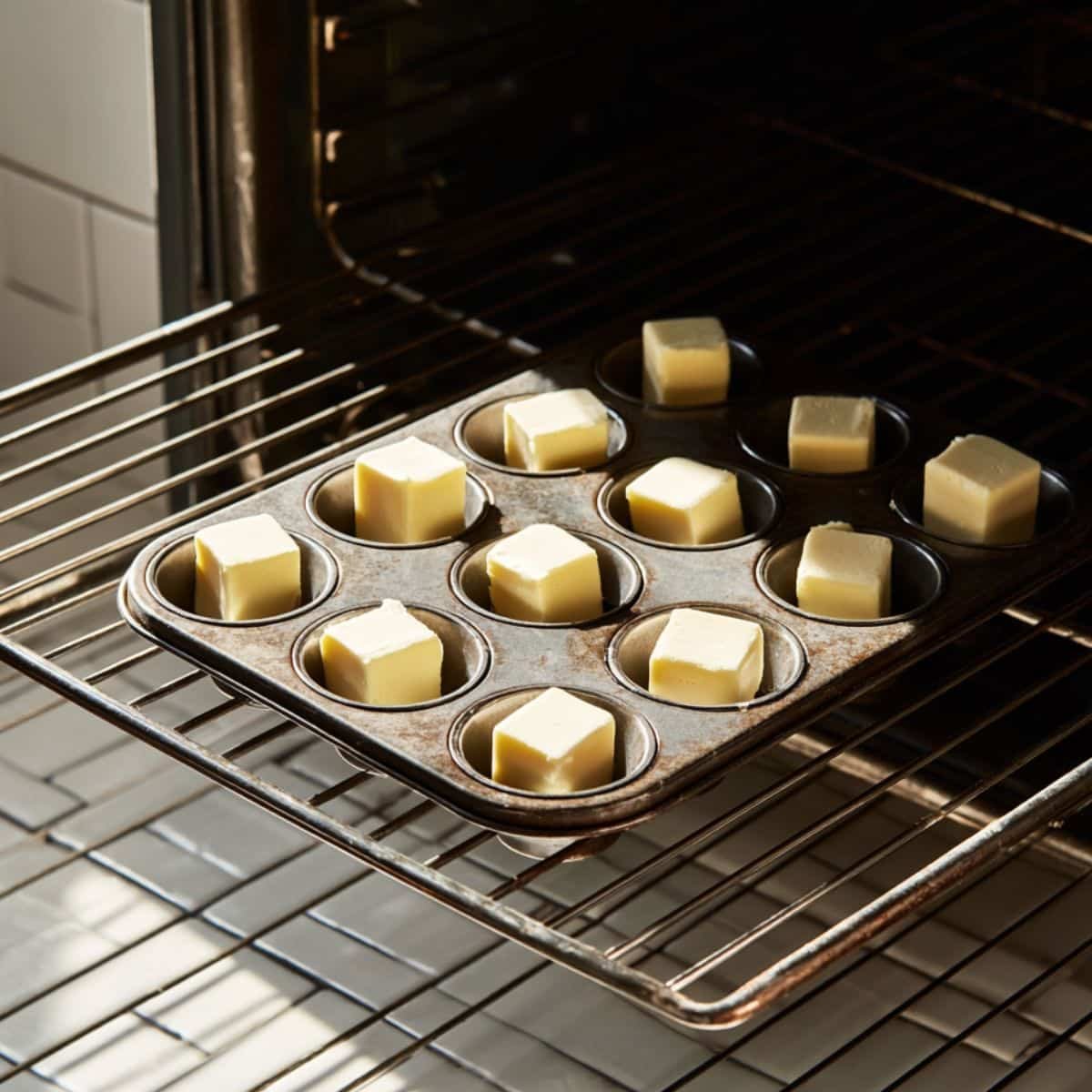 Muffin tin preheating in oven with cubes of butter inside each cup	
