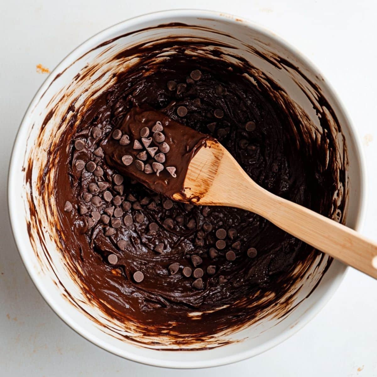 Mixing black bean brownie batter with spatula	