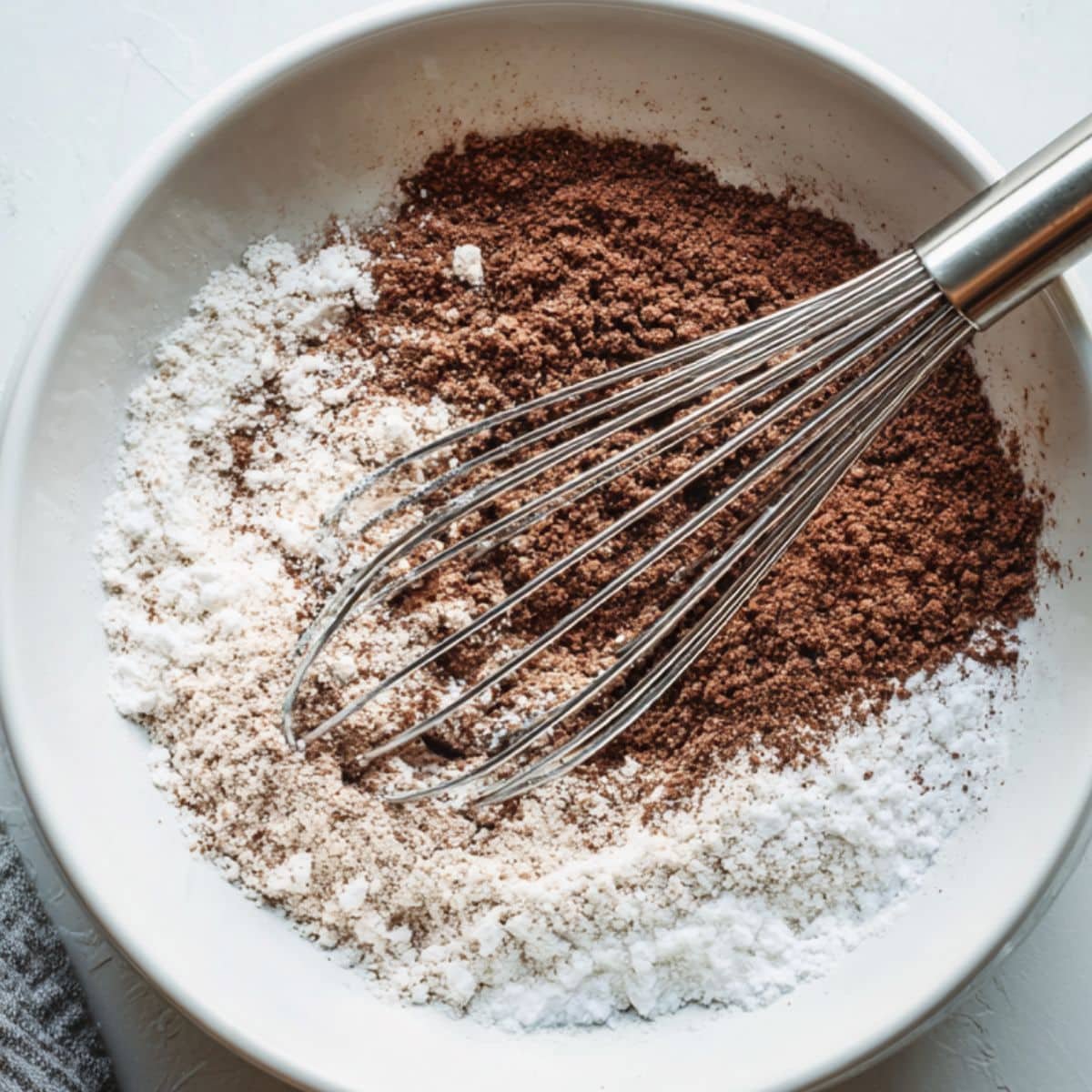 Mixing almond flour, cocoa powder, and sugar in a bowl for brownies	