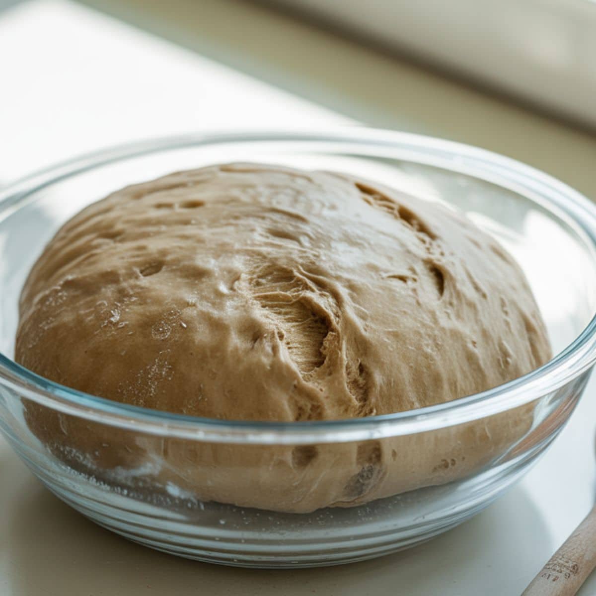 Sticky sourdough ciabatta dough in bowl after stretch and fold	