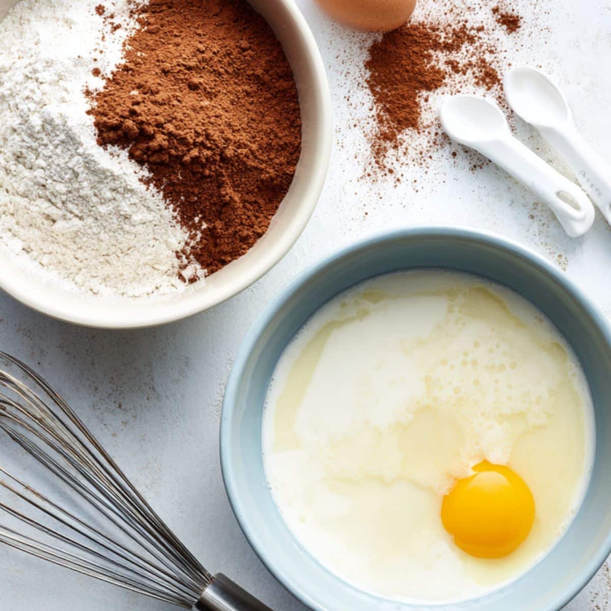 Dry and wet ingredients in separate bowls before mixing	