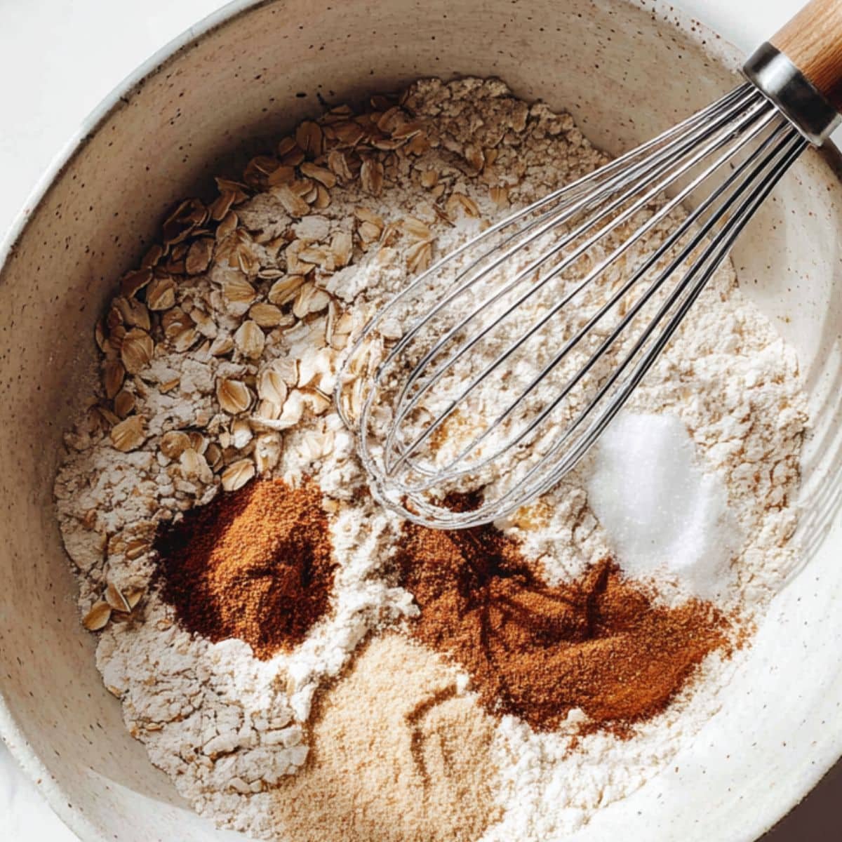 Whisking oats, flour, and spices in a mixing bowl	
