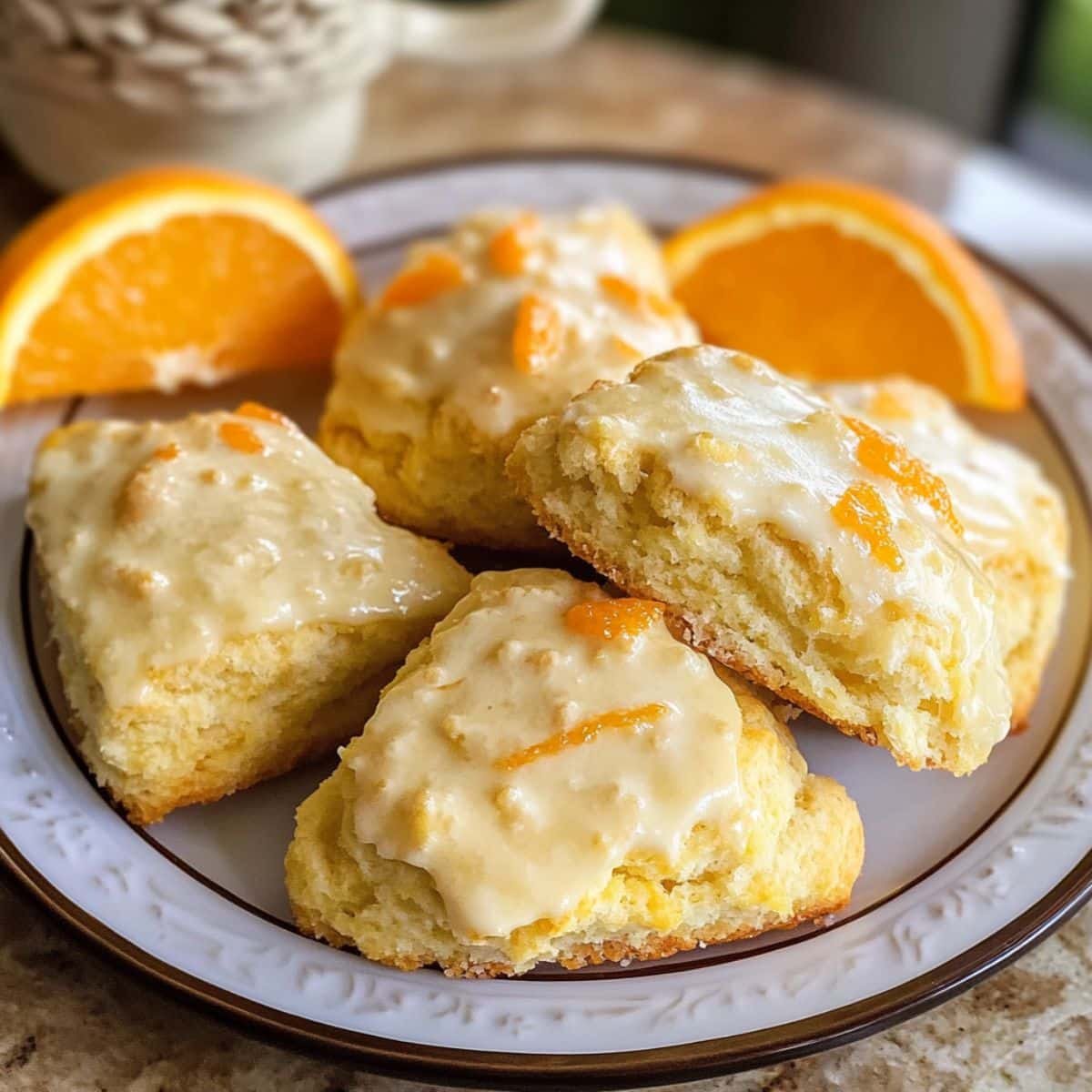 Homemade orange scones recipe with glaze on a white plate	