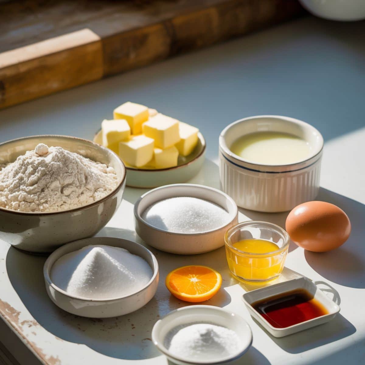 Ingredients for orange scone recipe on white kitchen counter	