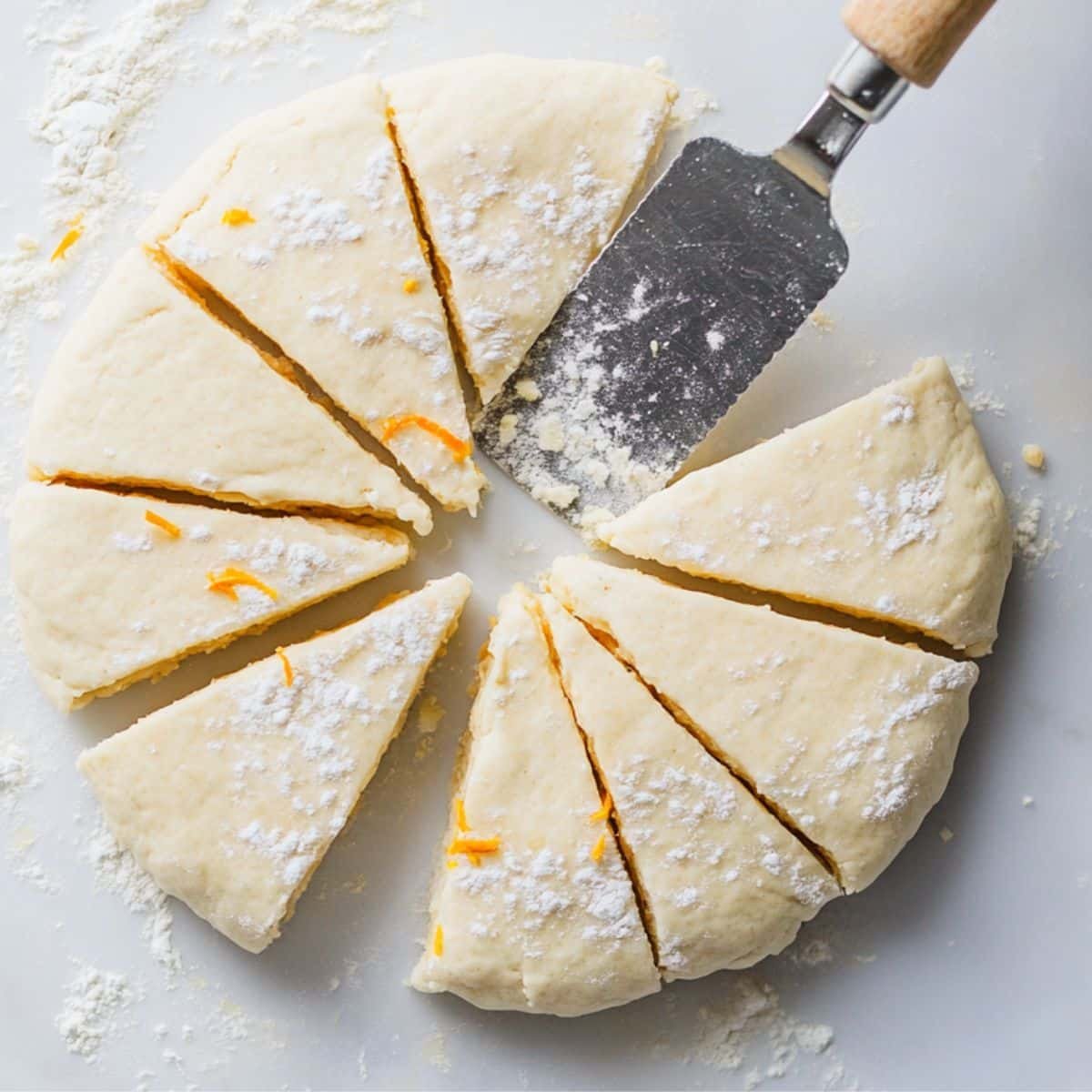 Shaping and cutting scone dough on floured surface	
