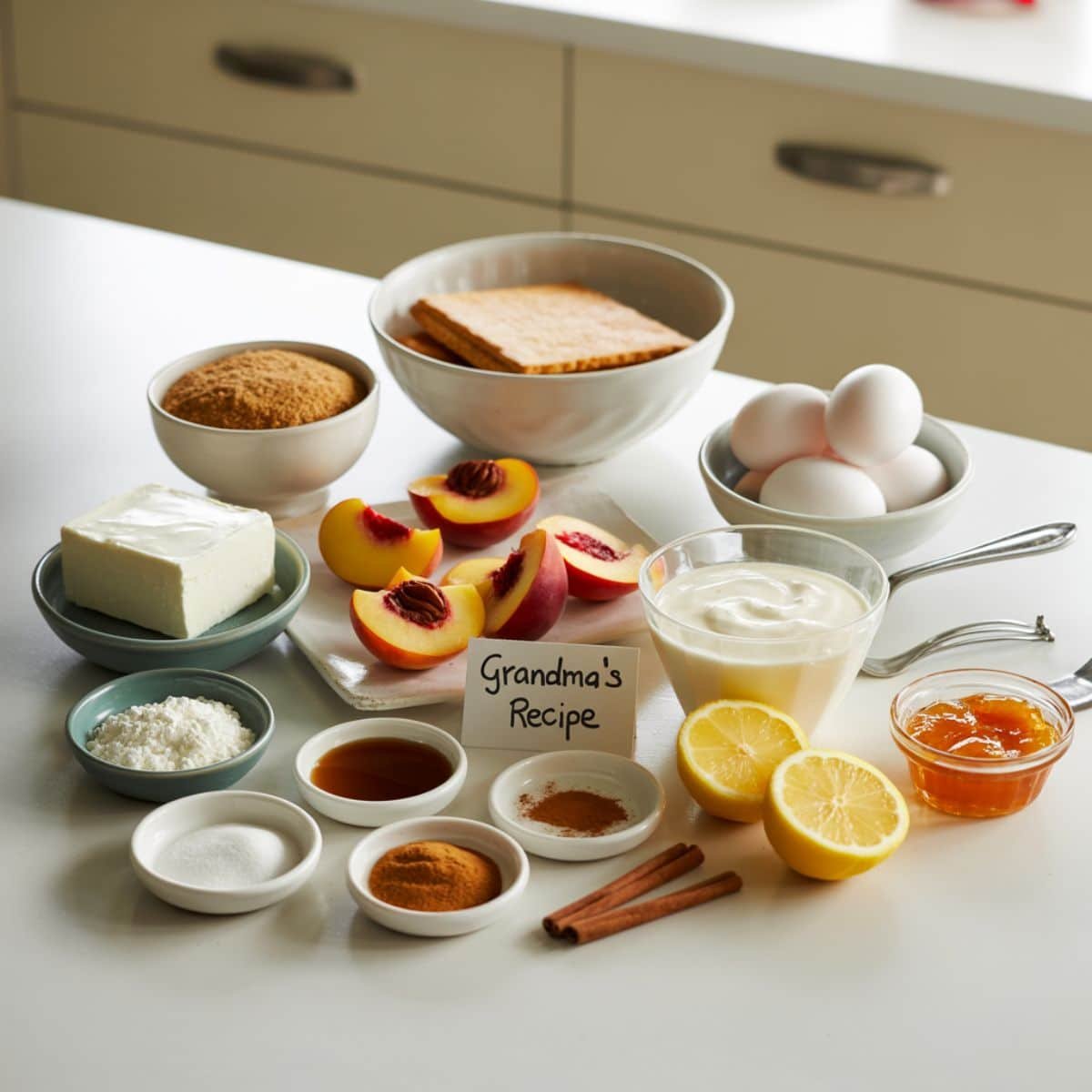 Flat lay of peach cheesecake ingredients on white counter	