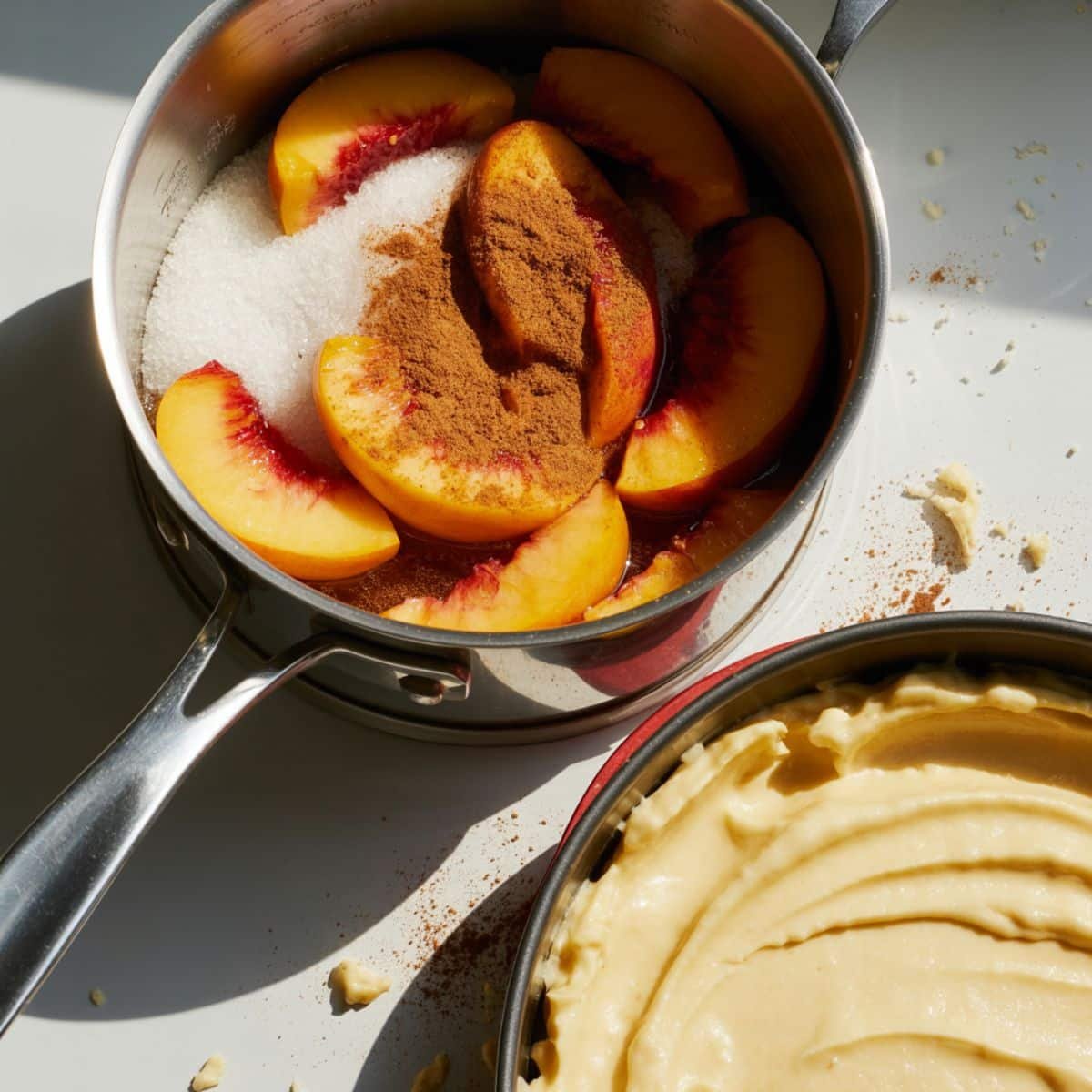 Sliced peaches cooking for topping and cheesecake being filled	