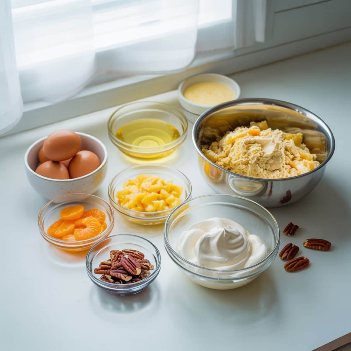 Flat lay of ingredients for pig pickin cake including canned mandarin oranges, yellow cake mix, and Cool Whip	