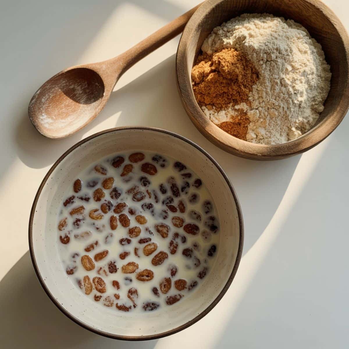 Soaking cereal and prepared dry ingredients on a white countertop.	