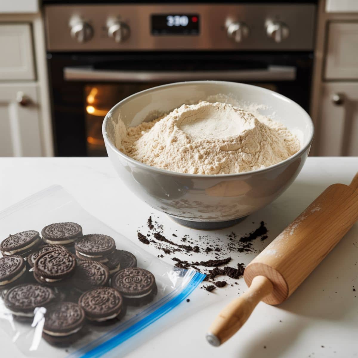 Crushed Oreos and cookie ingredients being prepped on a kitchen counter	