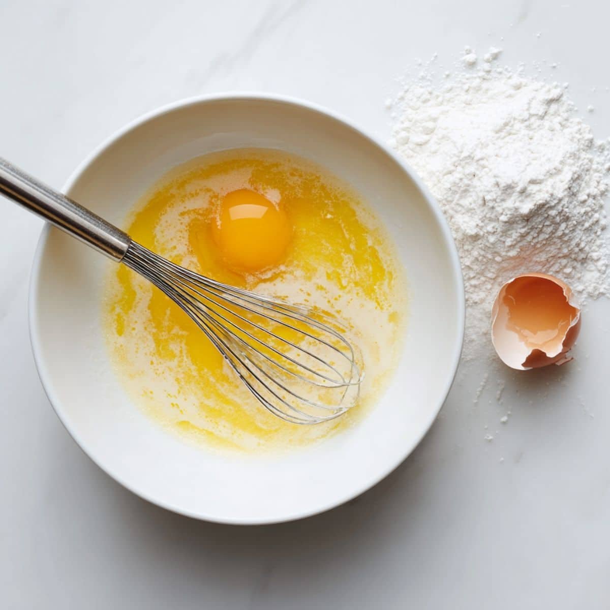 Whisking egg yolks, sugar, and cornstarch for pastry cream in a bowl	