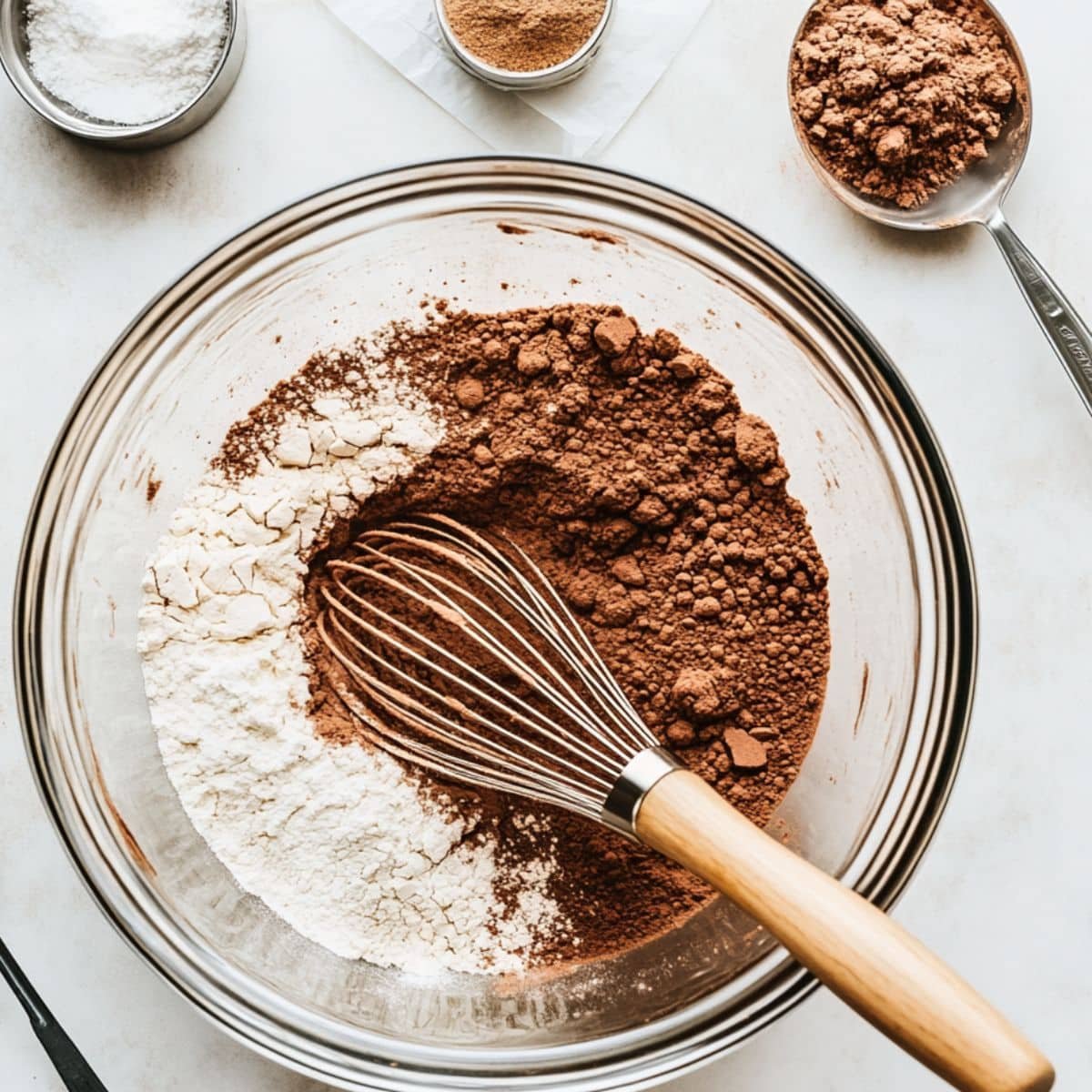 Mixing dry ingredients for brownies in a glass bowl