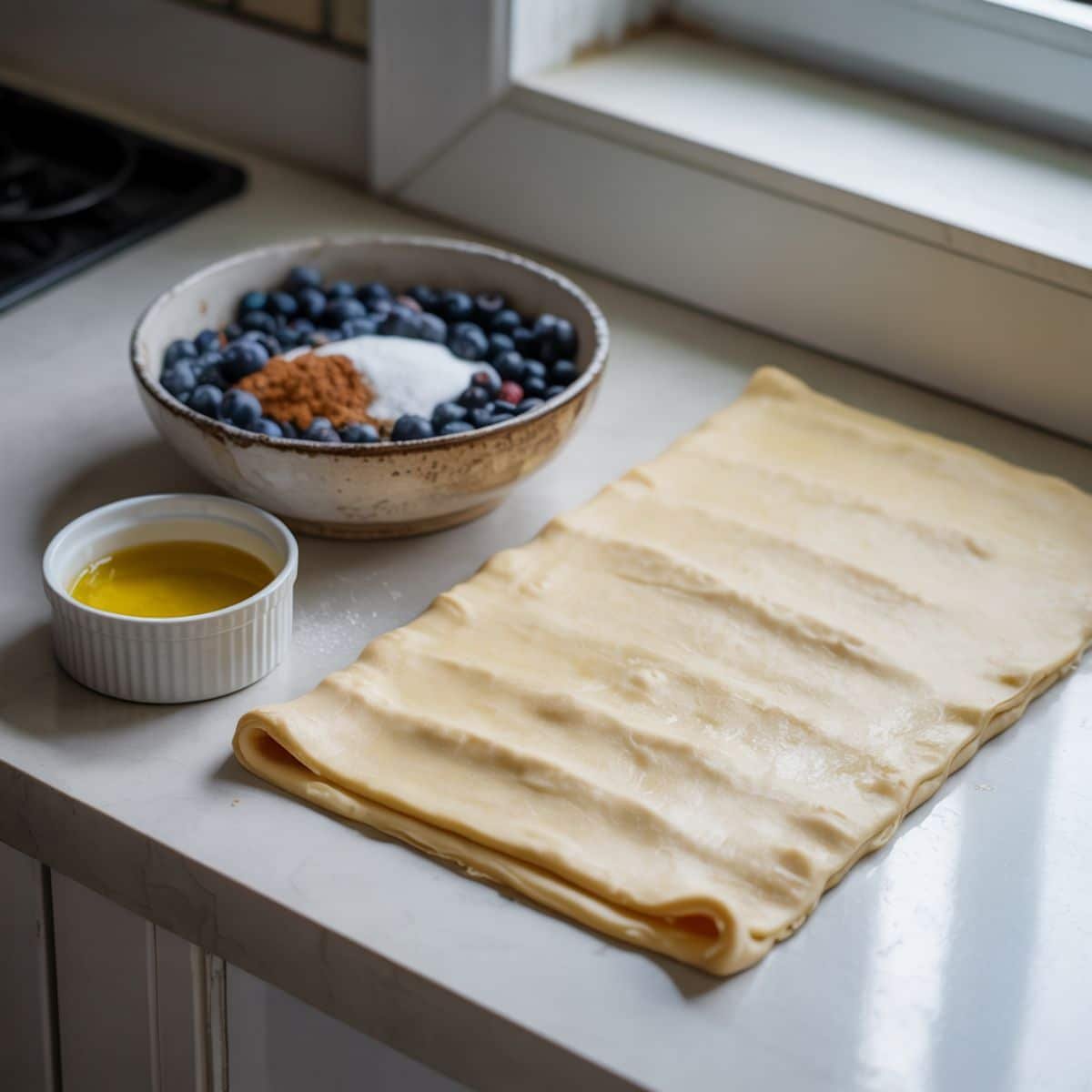 Rolling out puff pastry and mixing fresh blueberry filling on a white kitchen counter	