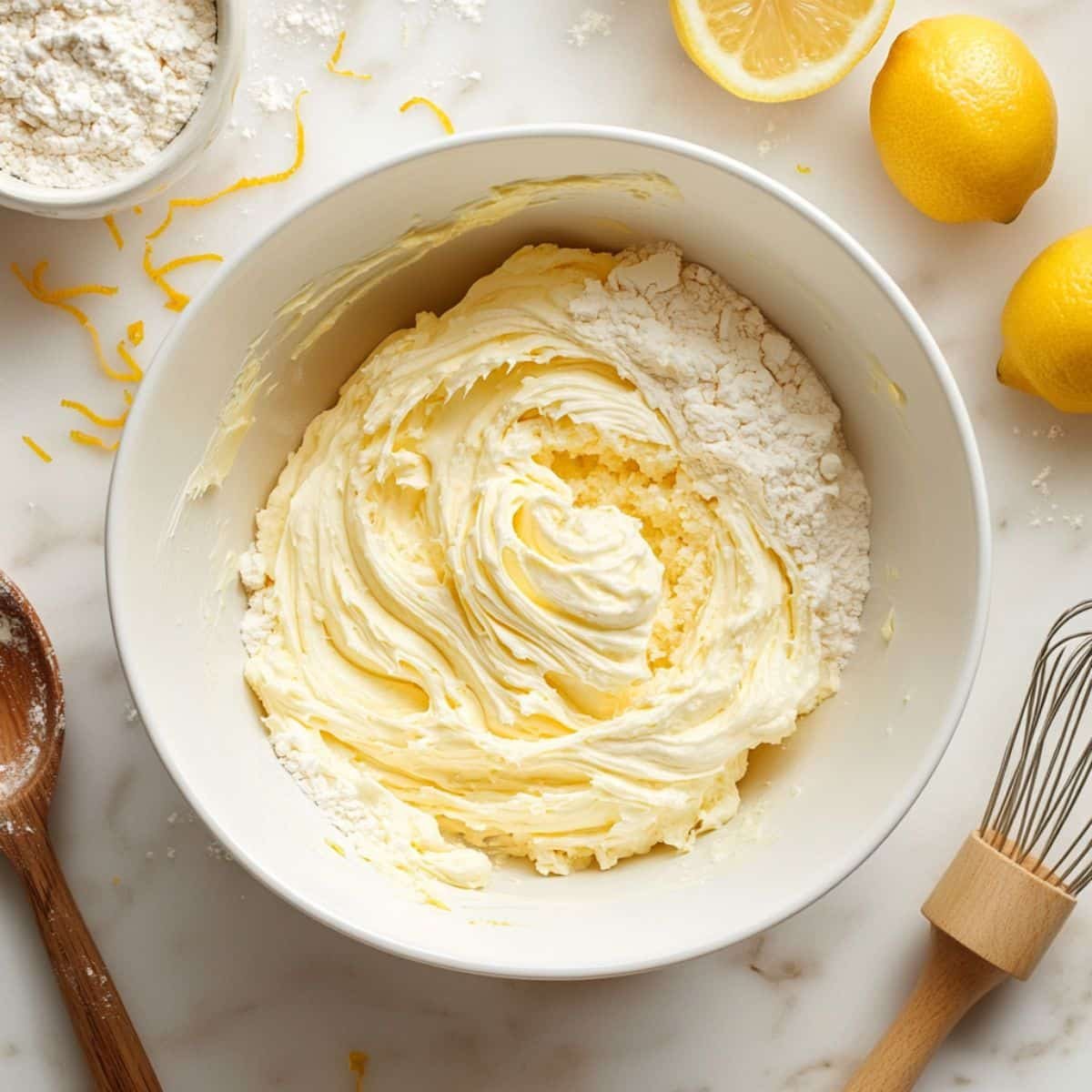 Mixing lemon cupcake batter in a white bowl with eggs and sugar	
