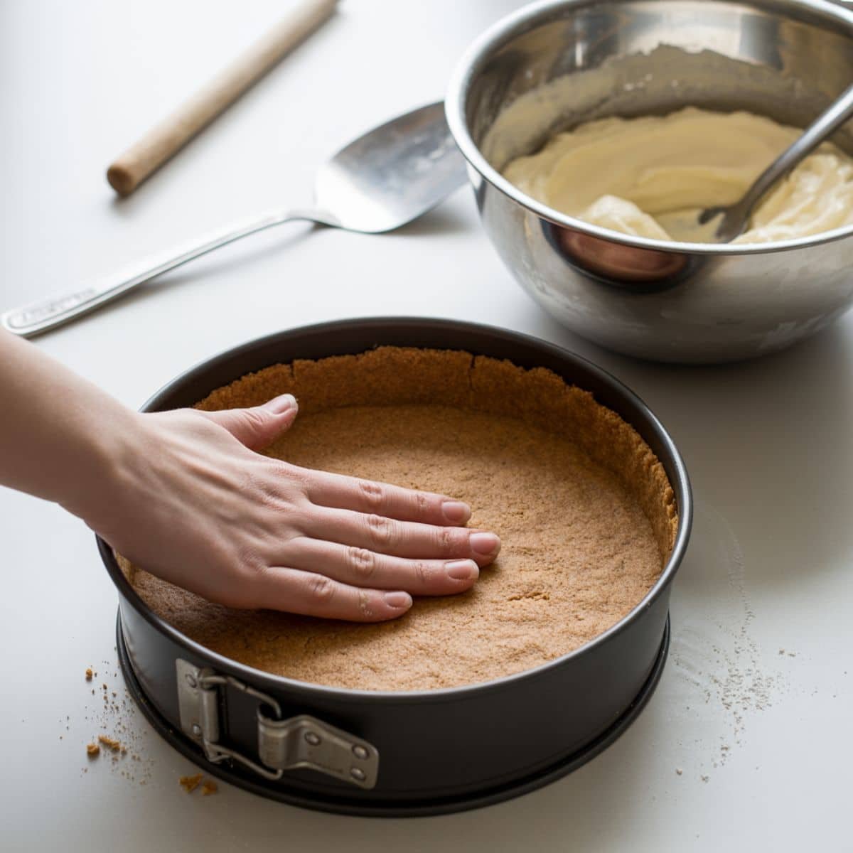 Graham cracker crust in pan and cream cheese filling being mixed	