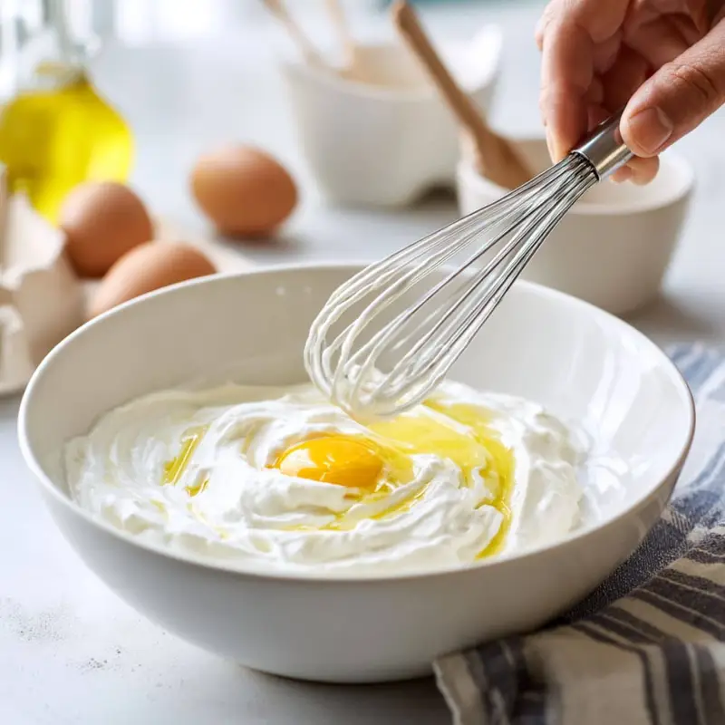 Mixing wet ingredients for Greek yogurt cake in a large bowl	