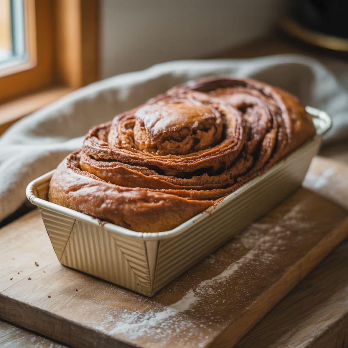 Loaf proofed in pan and baked loaf cooling on rack, both on white counter.	