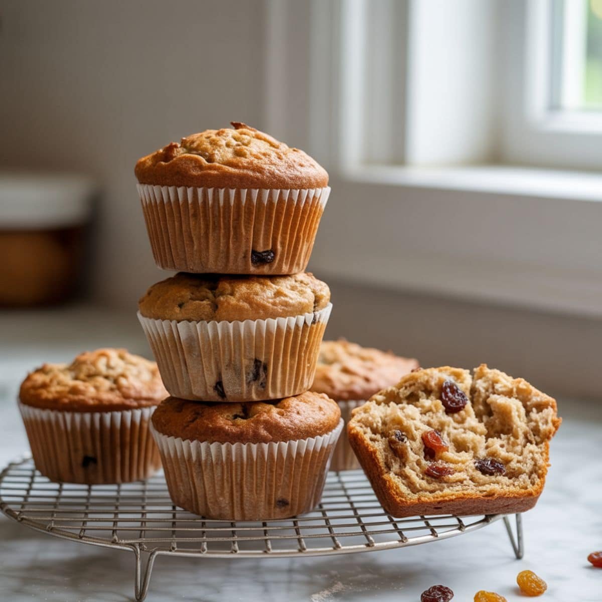 Homemade raisin bran muffin on white kitchen counter 