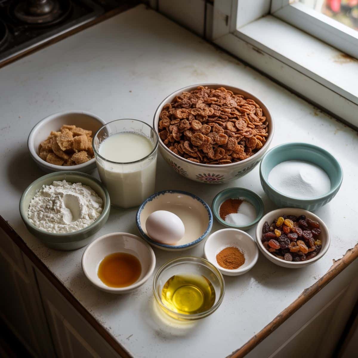 Flat lay of all ingredients needed for homemade raisin bran muffins.	